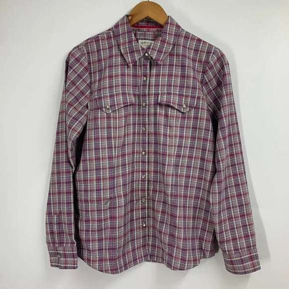 Orvis Women's Pearl Snap Button Plaid Long Sleeve Collared Shirt Size 10 - Picture 1 of 12
